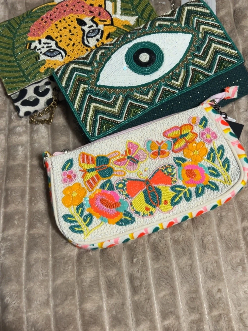NWT America & Beyond Beaded Leopard Clutch with silver strap